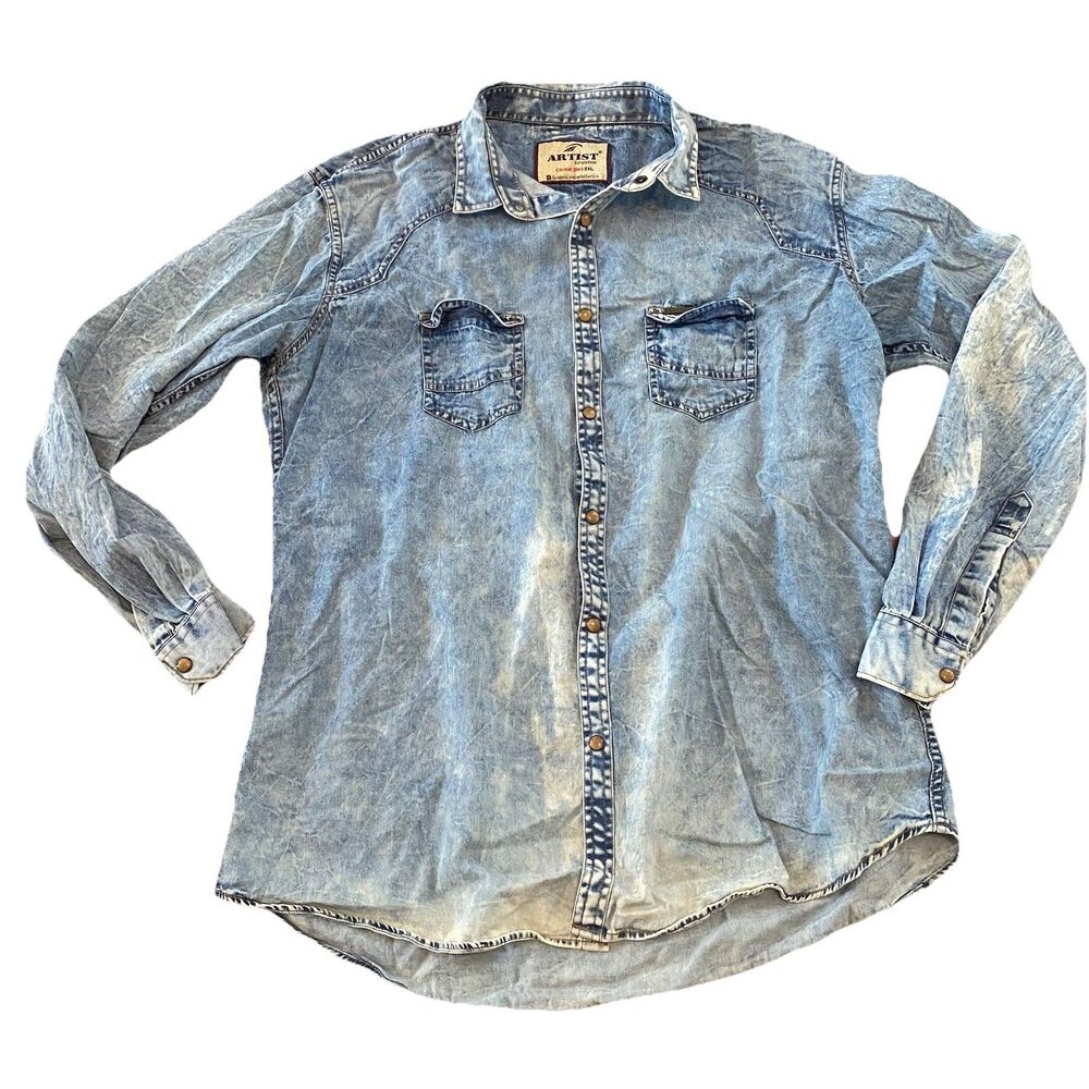 Vintage Artist Denim Long Sleeve shirt Workwear distressed size 2xl